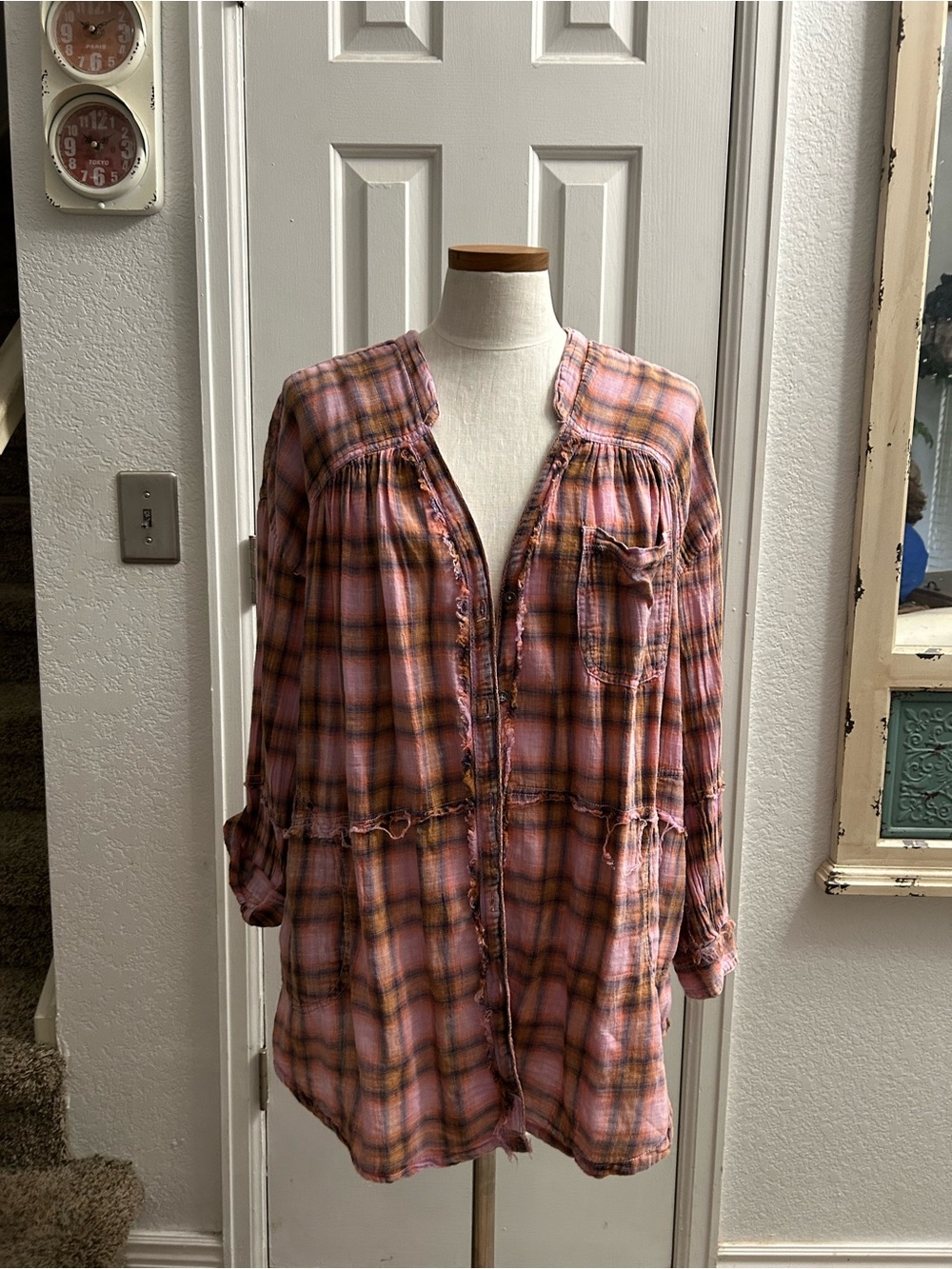 We The Free Pink Plaid Lightweight Button Tunic